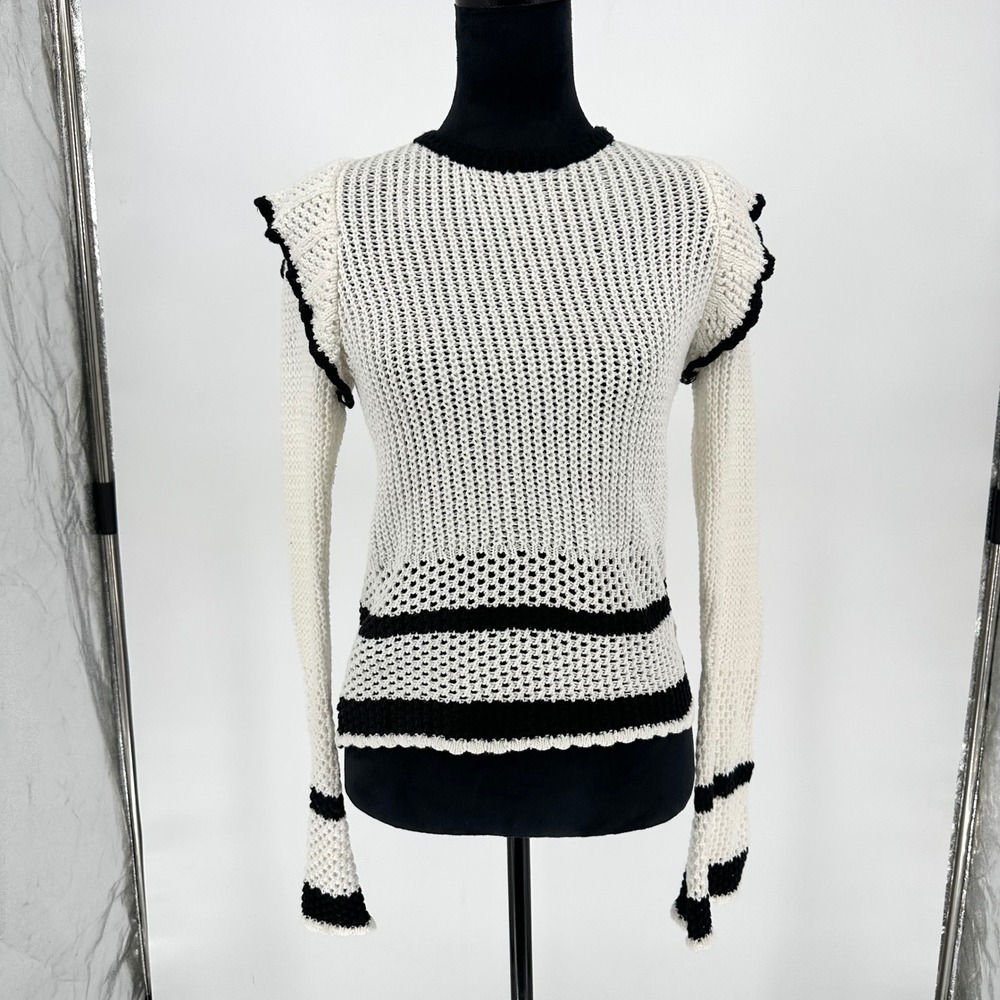 NEW Fate Boutique 100% Cotton Flutter Sleeve Knit White Sweater Black Trim Flaw